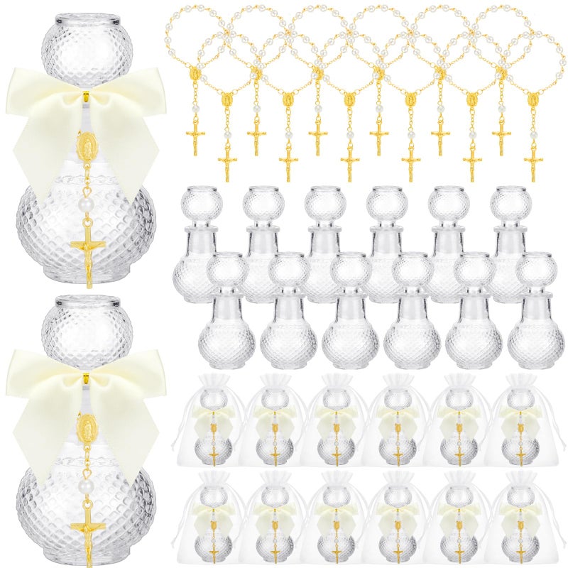 Chuangdi 12 Sets Holy Bottle Baptism Favors with Cross Rosary 50ml Empty Glass Holy Container Bow Water Bottle for Guests Baptism Gifts Church Wedding Baptism Favors(Delicate) - Image 1